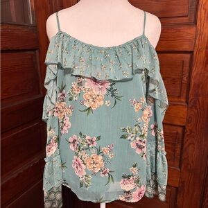 Xhilaration Floral Ruffle Blouse - Teal and Pink